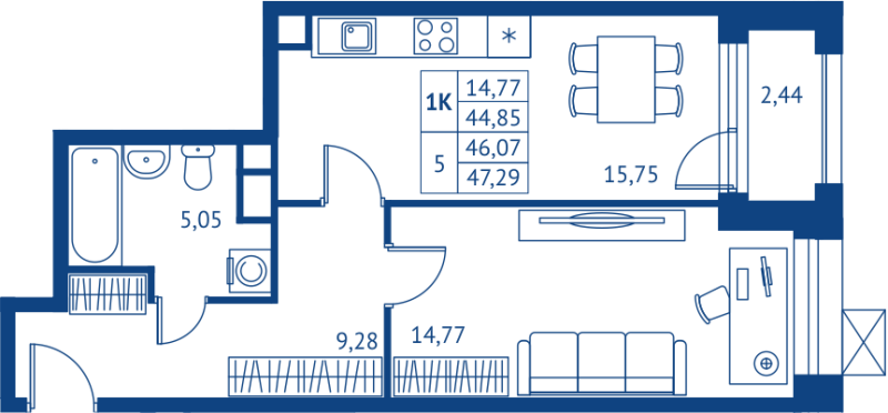 2 ккв (Евро) 44,9 м²
