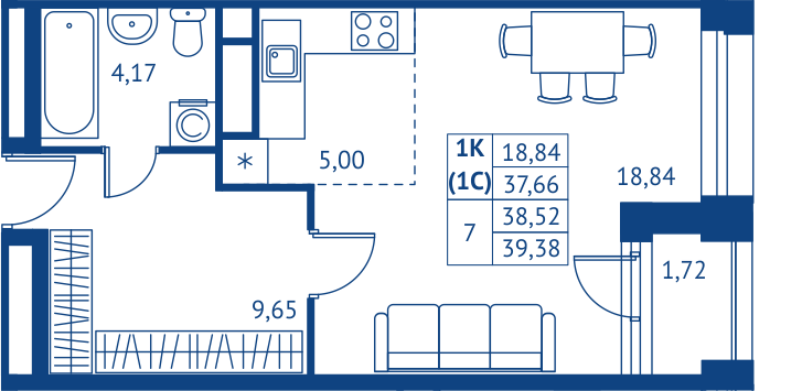 Студия 37,7 м²