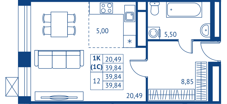 Студия 39,8 м²
