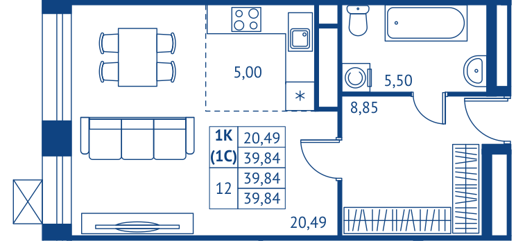Студия 39,8 м²