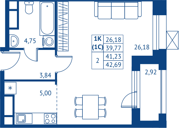 Студия 39,8 м²