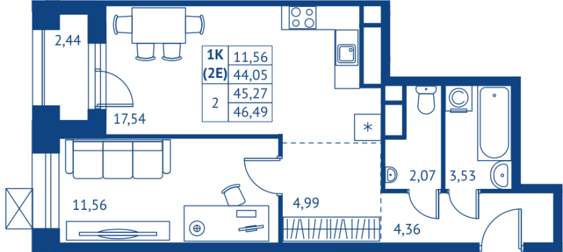 2 ккв (Евро) 44,1 м²