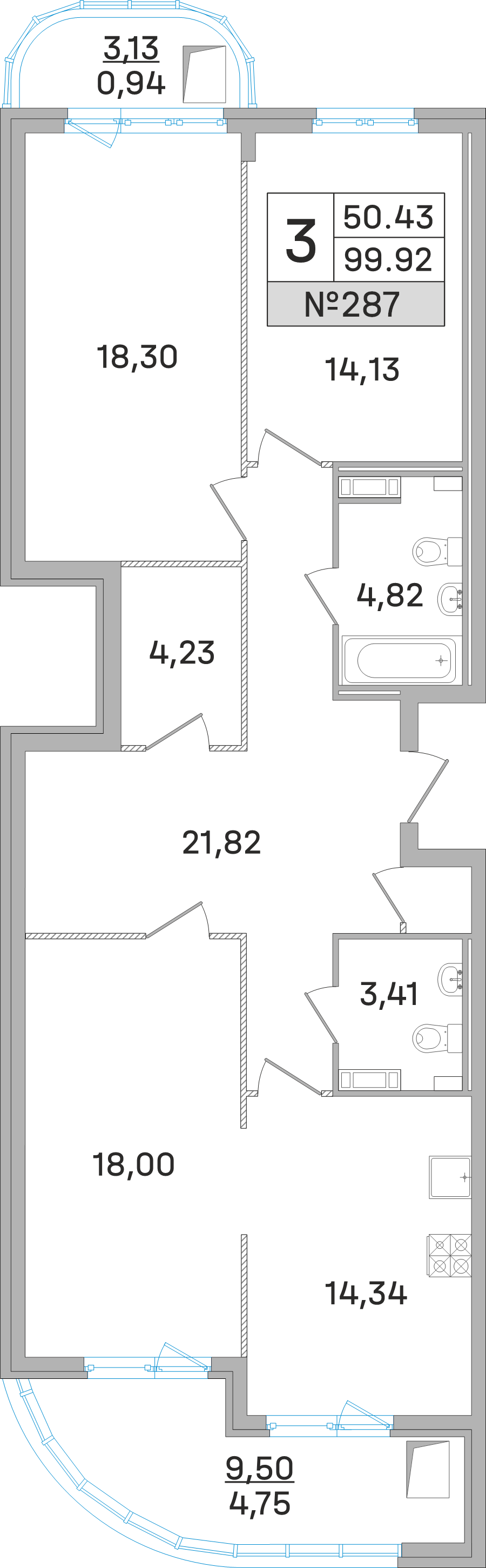 3 ккв 99,9 м²