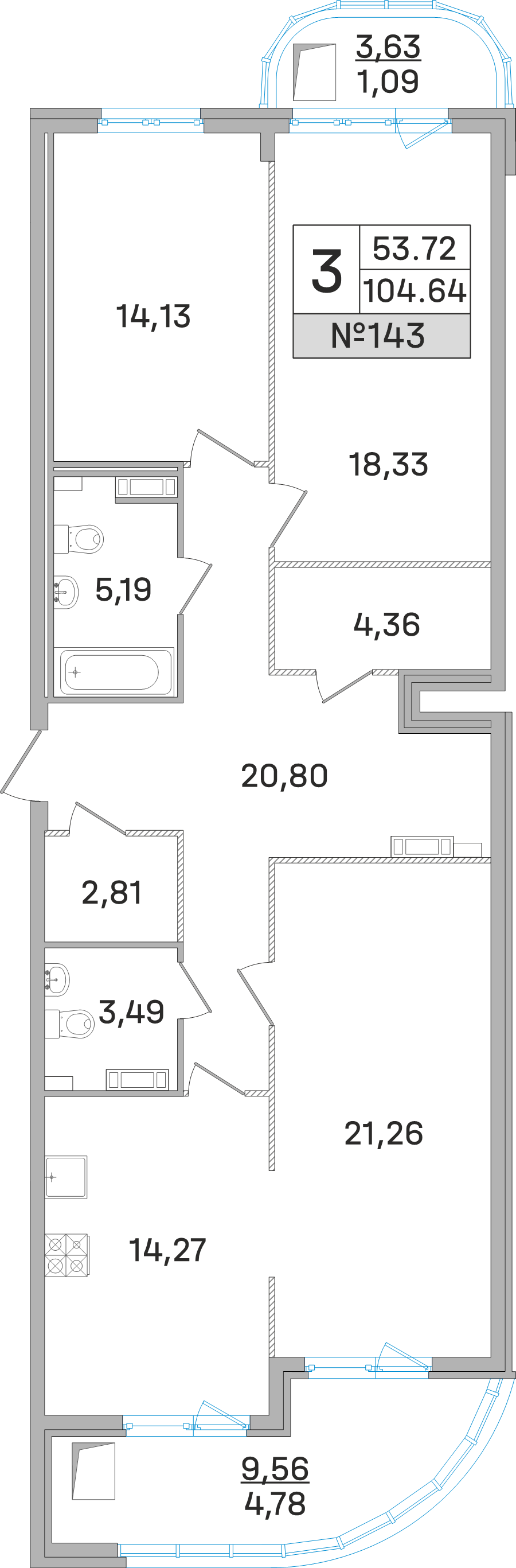 3 ккв 104,6 м²