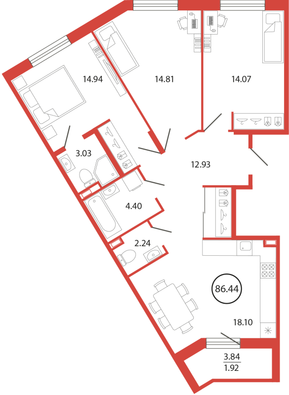 4 ккв (Евро) 86,4 м²