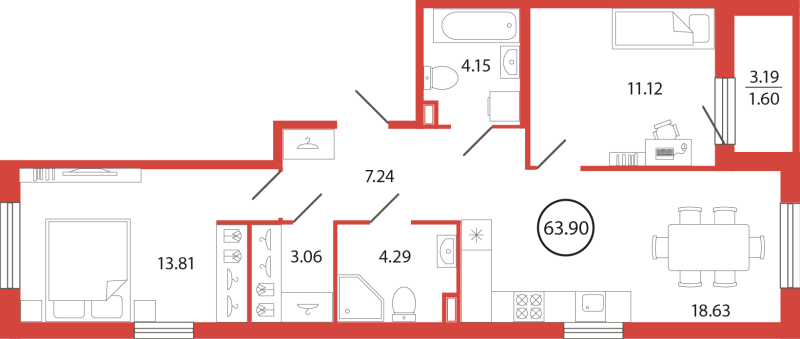 3 ккв (Евро) 63,9 м²