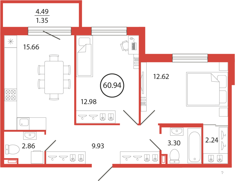 3 ккв (Евро) 60,9 м²