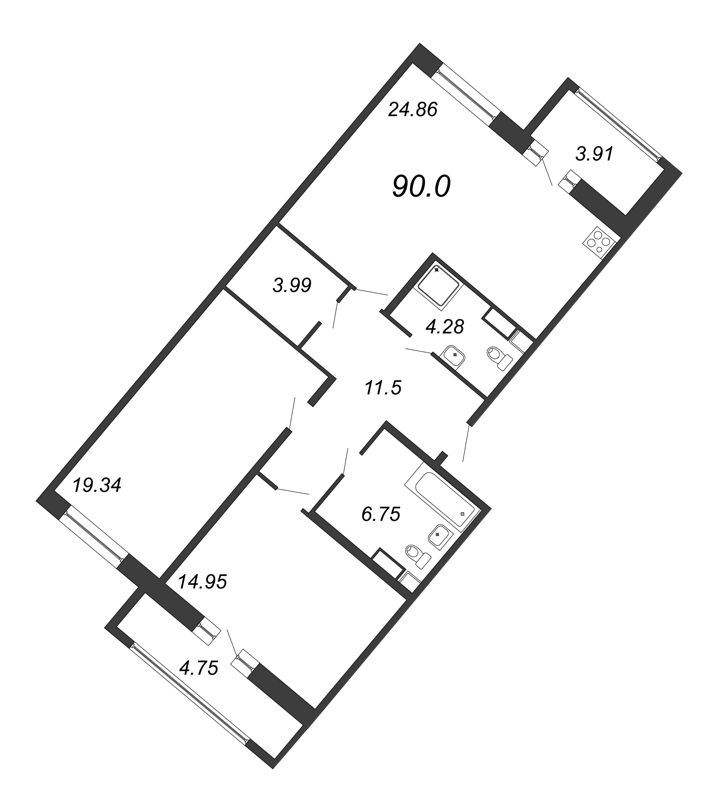 3 ккв (Евро) 90 м²