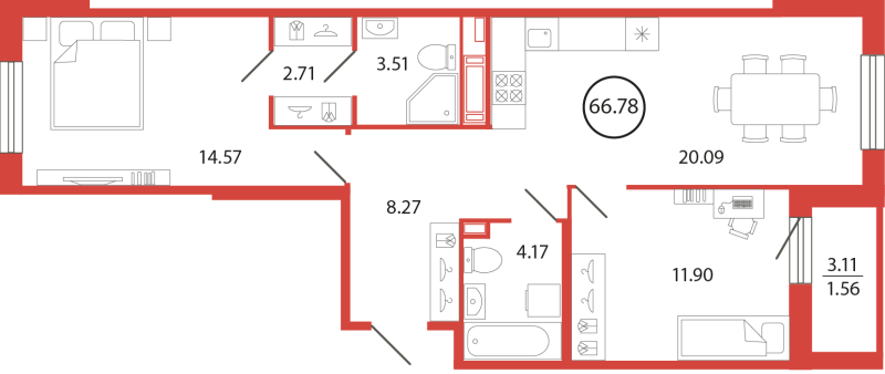 3 ккв (Евро) 66,8 м²