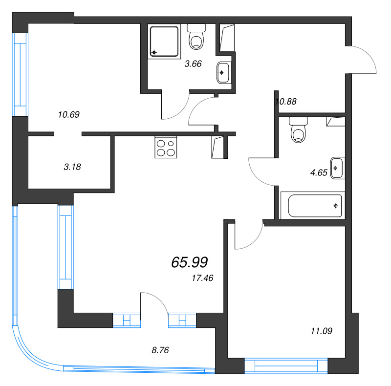 3 ккв (Евро) 66 м²