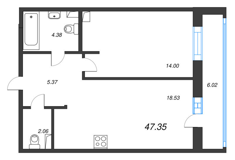 2 ккв (Евро) 47,4 м²