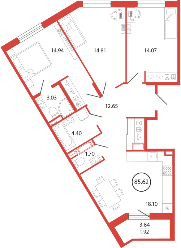 4 ккв (Евро) 85,7 м²