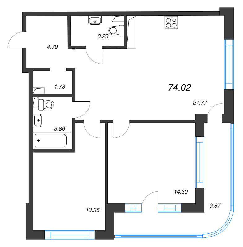 3 ккв (Евро) 74 м²
