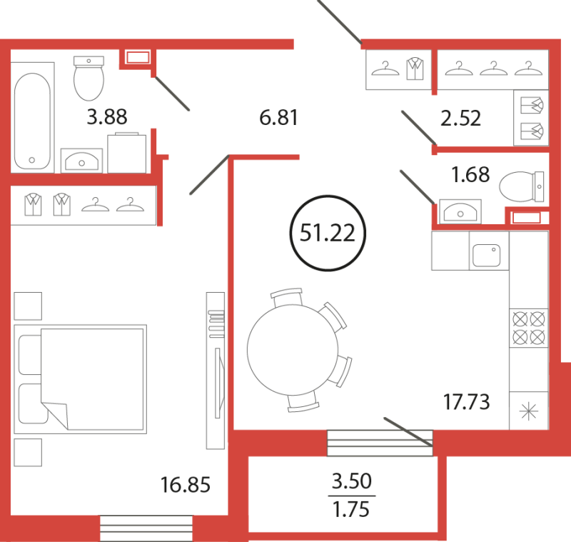 2 ккв (Евро) 51,2 м²