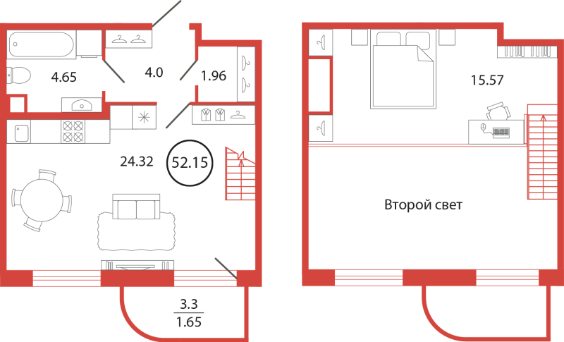 2 ккв (Евро) 52,2 м²