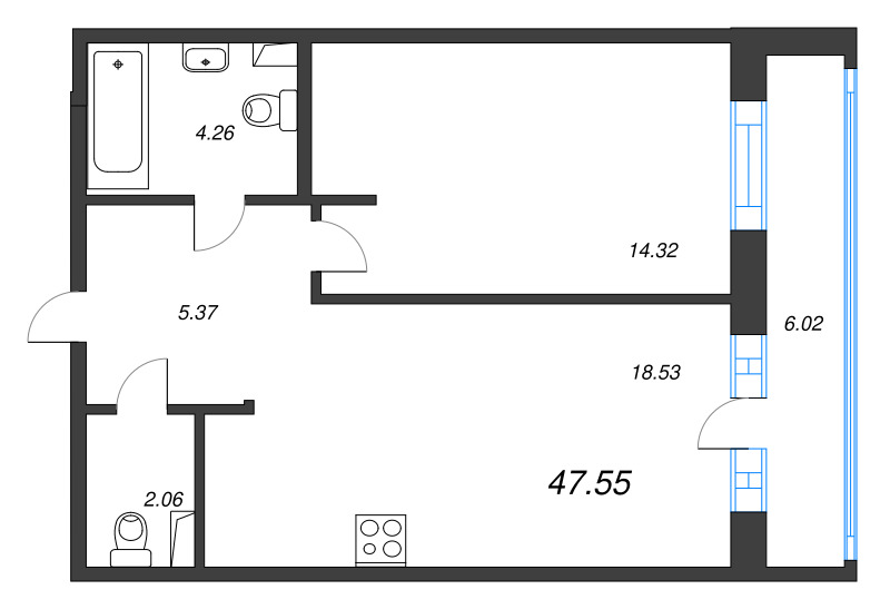 2 ккв (Евро) 47,6 м²