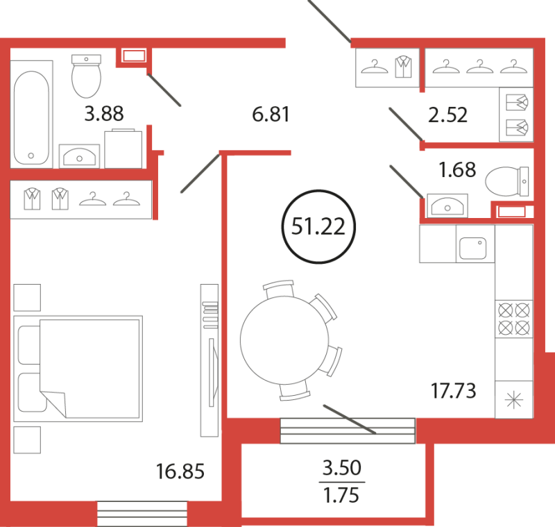 2 ккв (Евро) 51,2 м²