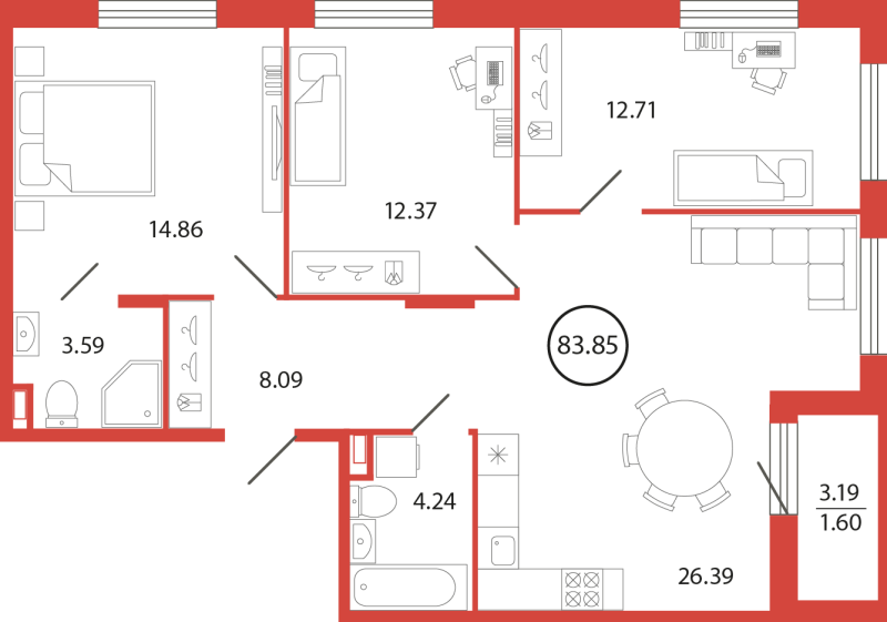 4 ккв (Евро) 83,9 м²