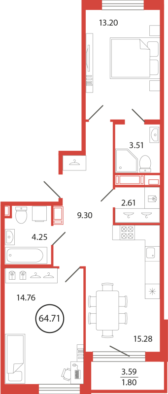 3 ккв (Евро) 64,7 м²