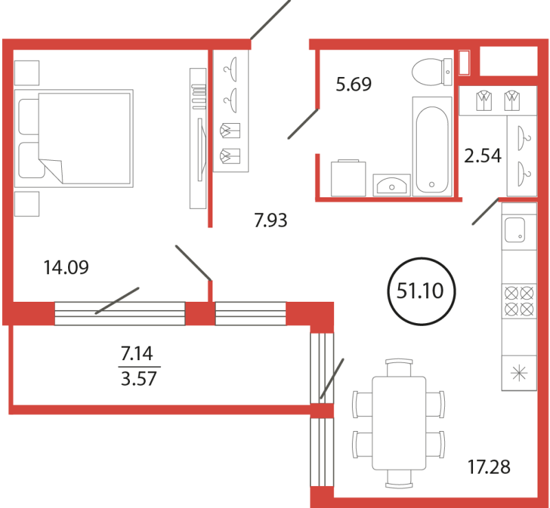 2 ккв (Евро) 51,1 м²