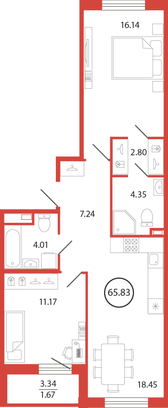3 ккв (Евро) 65,8 м²