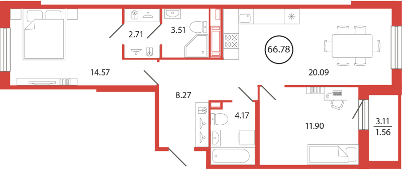 3 ккв (Евро) 66,8 м²