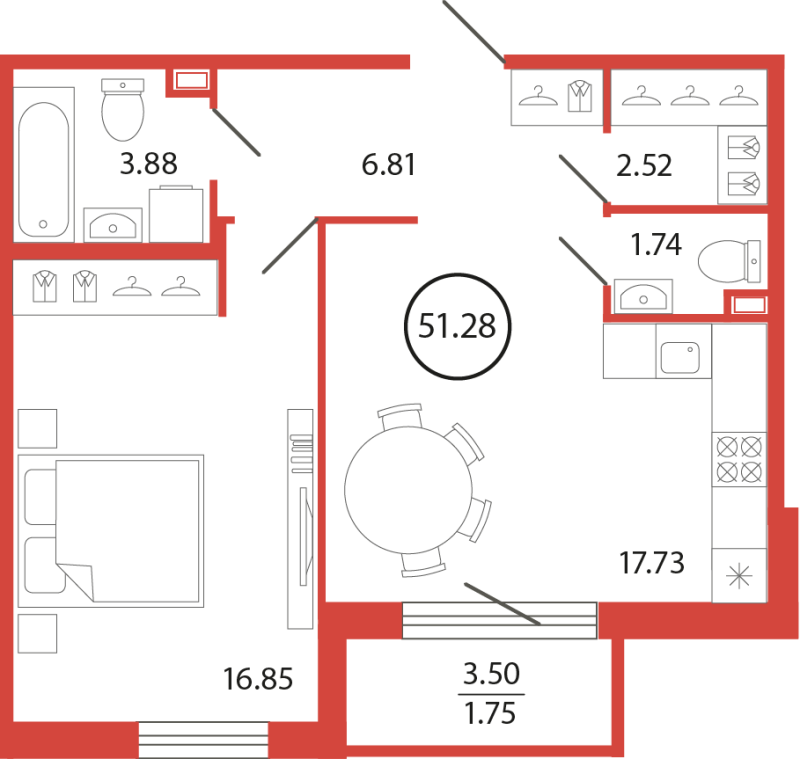 2 ккв (Евро) 51,3 м²