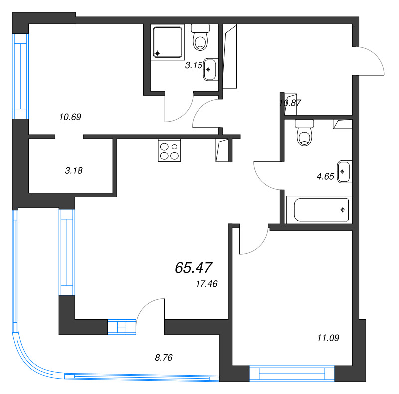 3 ккв (Евро) 65,5 м²