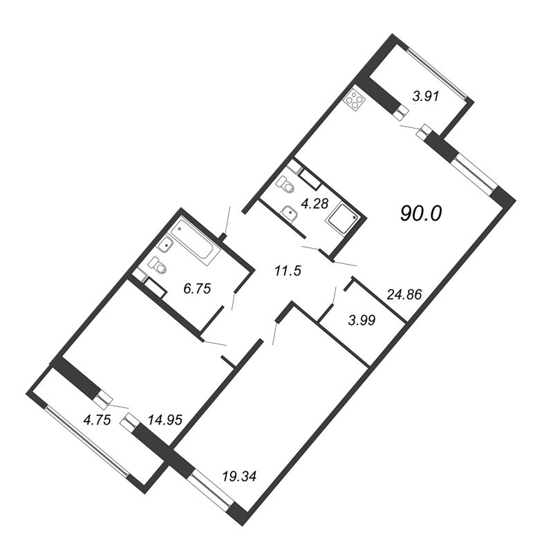 3 ккв (Евро) 90 м²
