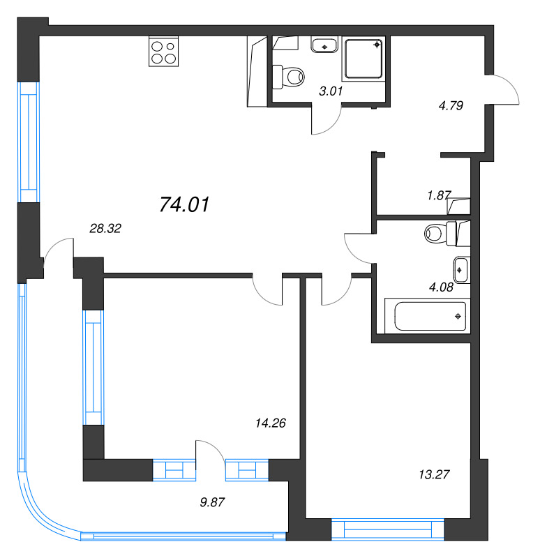 3 ккв (Евро) 74 м²