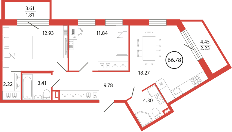 3 ккв (Евро) 66,8 м²