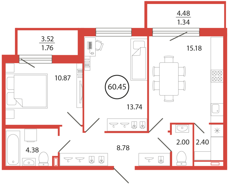 3 ккв (Евро) 60,5 м²