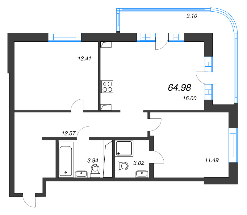 3 ккв (Евро) 65 м²