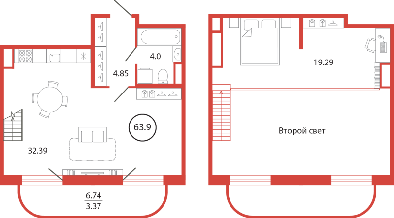 2 ккв (Евро) 63,9 м²