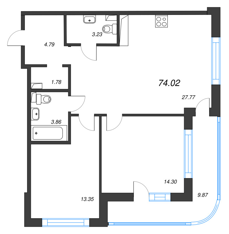 3 ккв (Евро) 74 м²