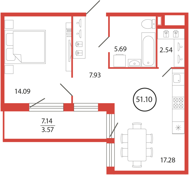 2 ккв (Евро) 51,1 м²