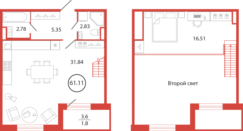 2 ккв (Евро) 61,1 м²