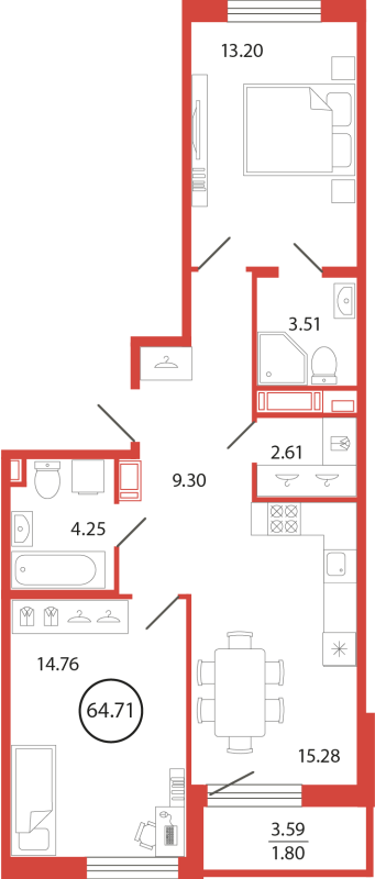 3 ккв (Евро) 64,7 м²