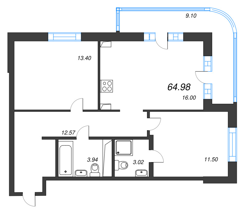 3 ккв (Евро) 65 м²