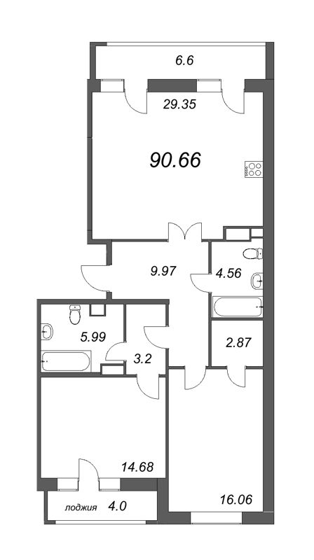 3 ккв (Евро) 90,7 м²