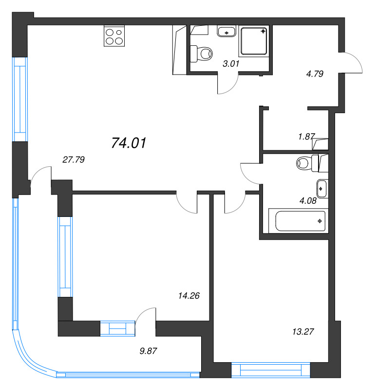 3 ккв (Евро) 74 м²