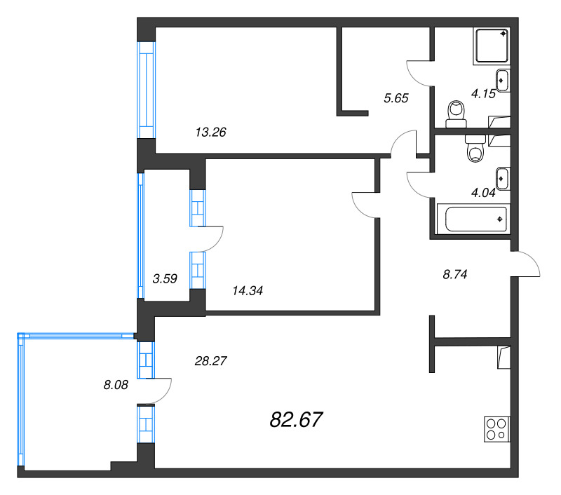 3 ккв (Евро) 82,7 м²