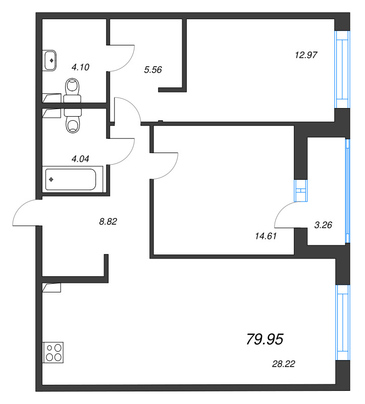 3 ккв (Евро) 80 м²