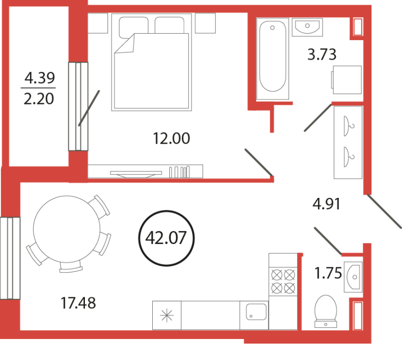 2 ккв (Евро) 42,1 м²