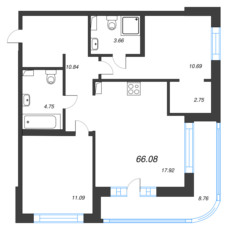 3 ккв (Евро) 66,1 м²
