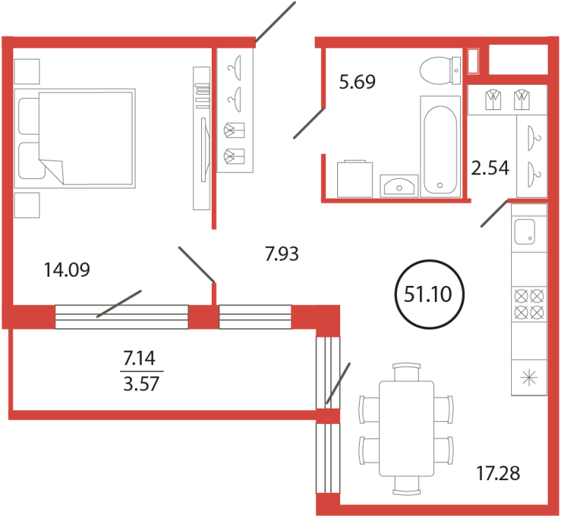2 ккв (Евро) 51,1 м²