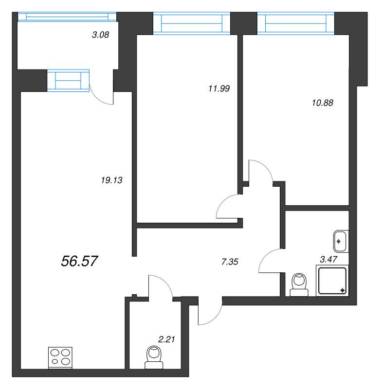 3 ккв (Евро) 56,6 м²