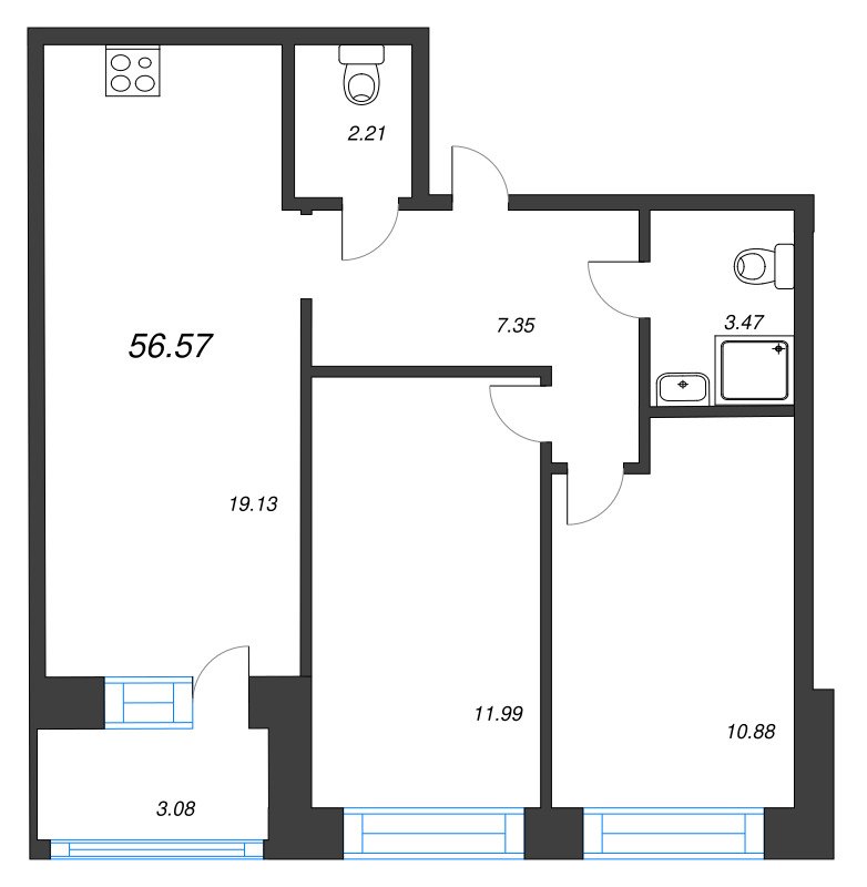 3 ккв (Евро) 56,6 м²