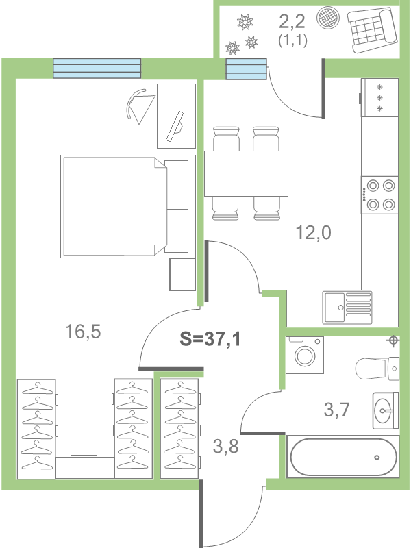 1 ккв 37,7 м²