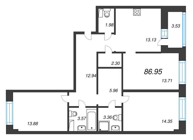 3 ккв 87 м²
